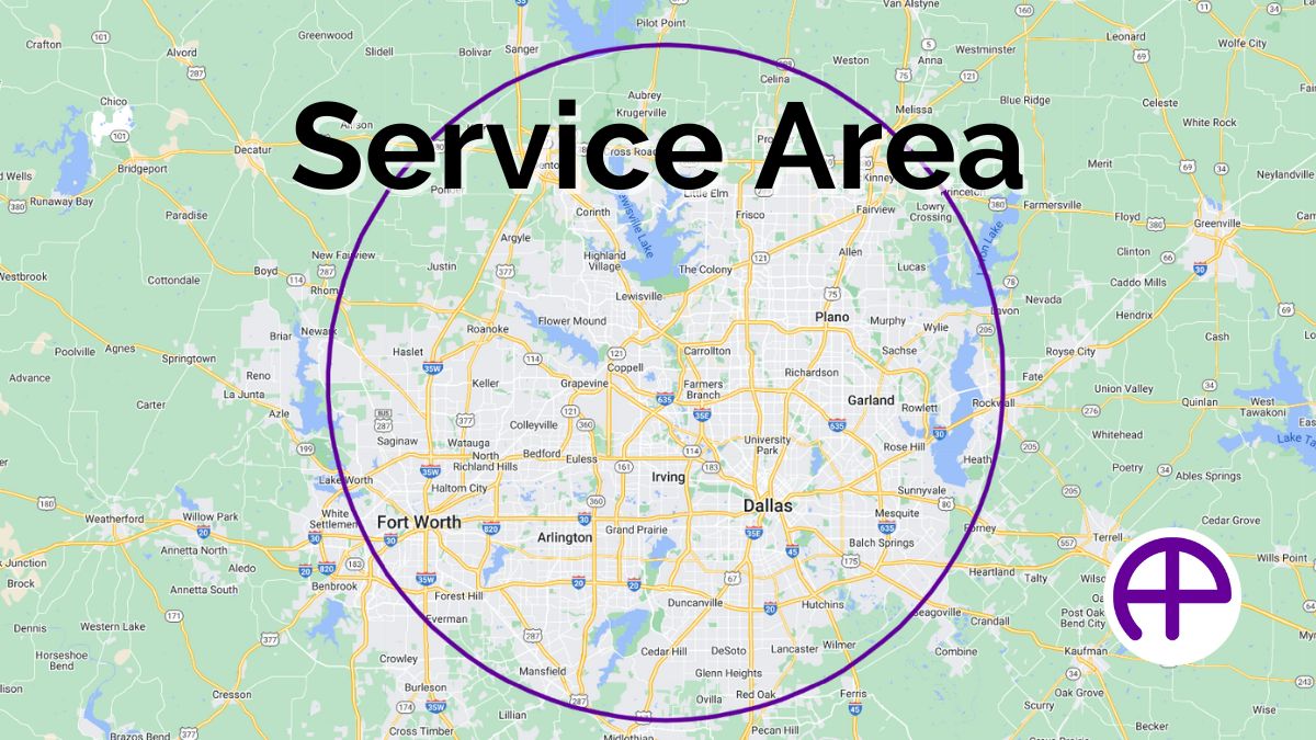 Accuphotography's dallas-fort worth service area map with highlighted dfw metroplex