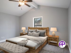 Virtually staged primary bedroom image enhanced by accuhdr™ and accustaging™ services