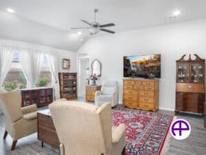 Inviting living room featuring enhanced decor and lighting