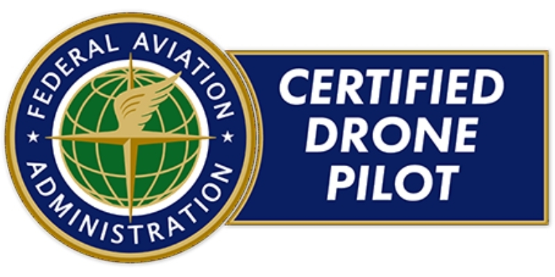 Badge representing accudroneservices as an faa certified drone pilot, highlighting expertise in aerial photography.