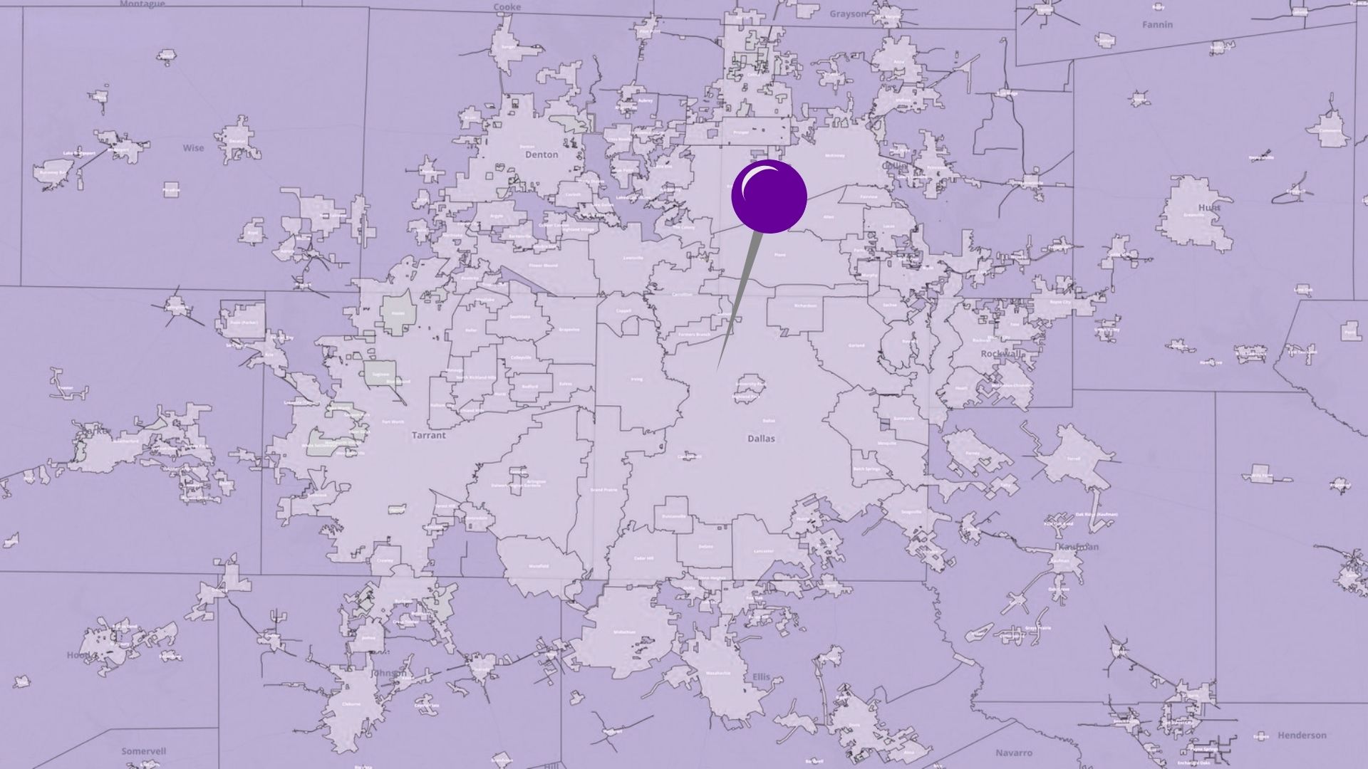 Map showing the dfw metroplex with a pin marking accuphotography hq, illustrating our central location and extensive acculocations service area in dallas-fort worth, texas.
