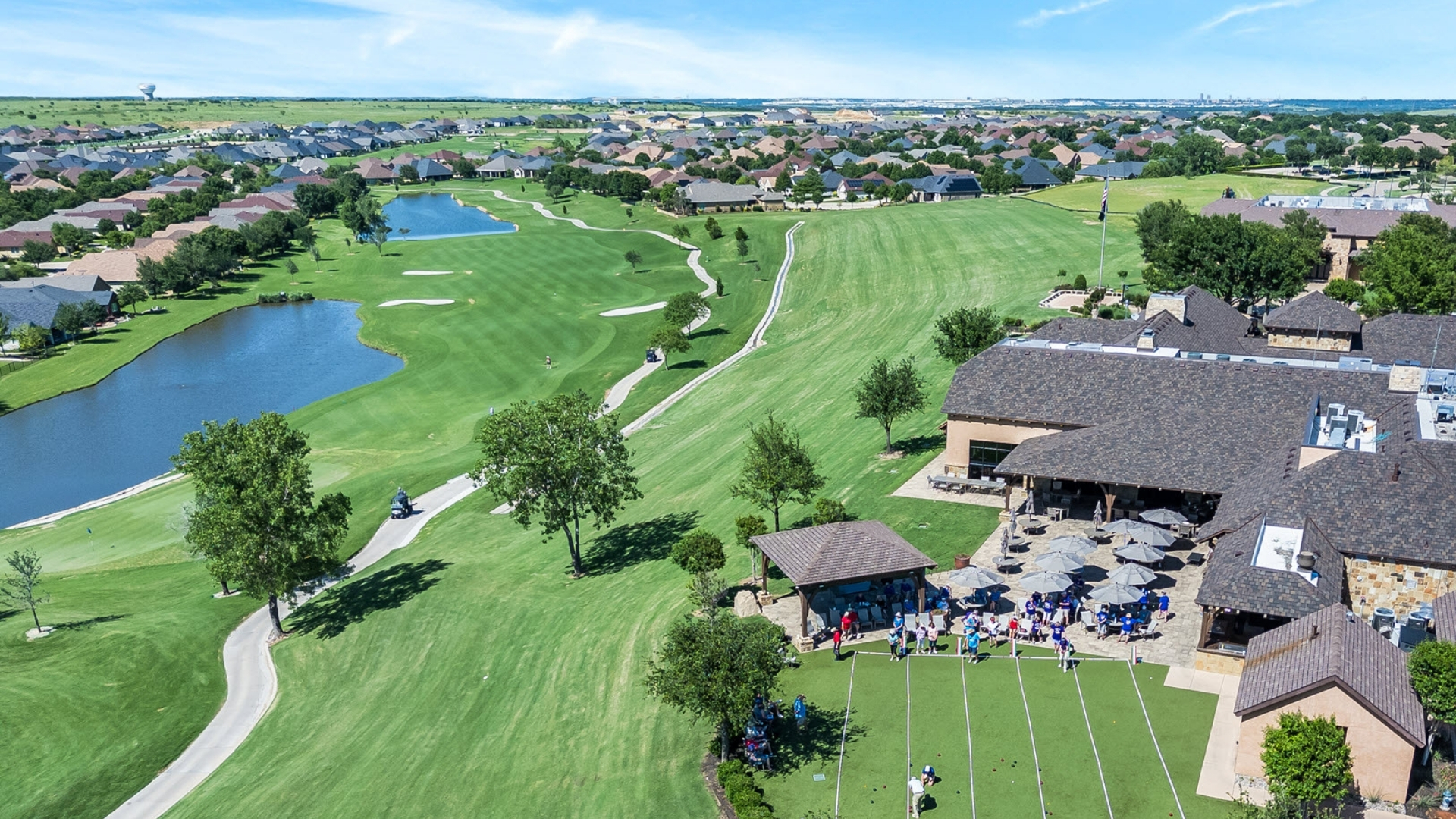 Aerial photo of robson ranch golf course in denton county, texas, featuring accuphotography's accuserviceareas for real estate photography services in the robson ranch community and the broader dallas-fort worth metroplex.