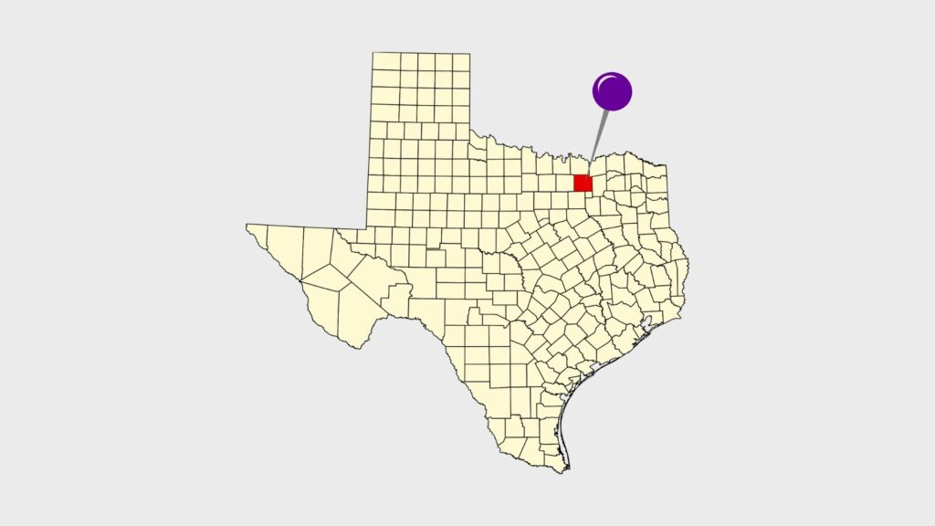 Map of texas counties with collin county highlighted and a pin, signifying accuphotography's acculocations service for real estate in the dallas-fort worth metroplex and collin county.