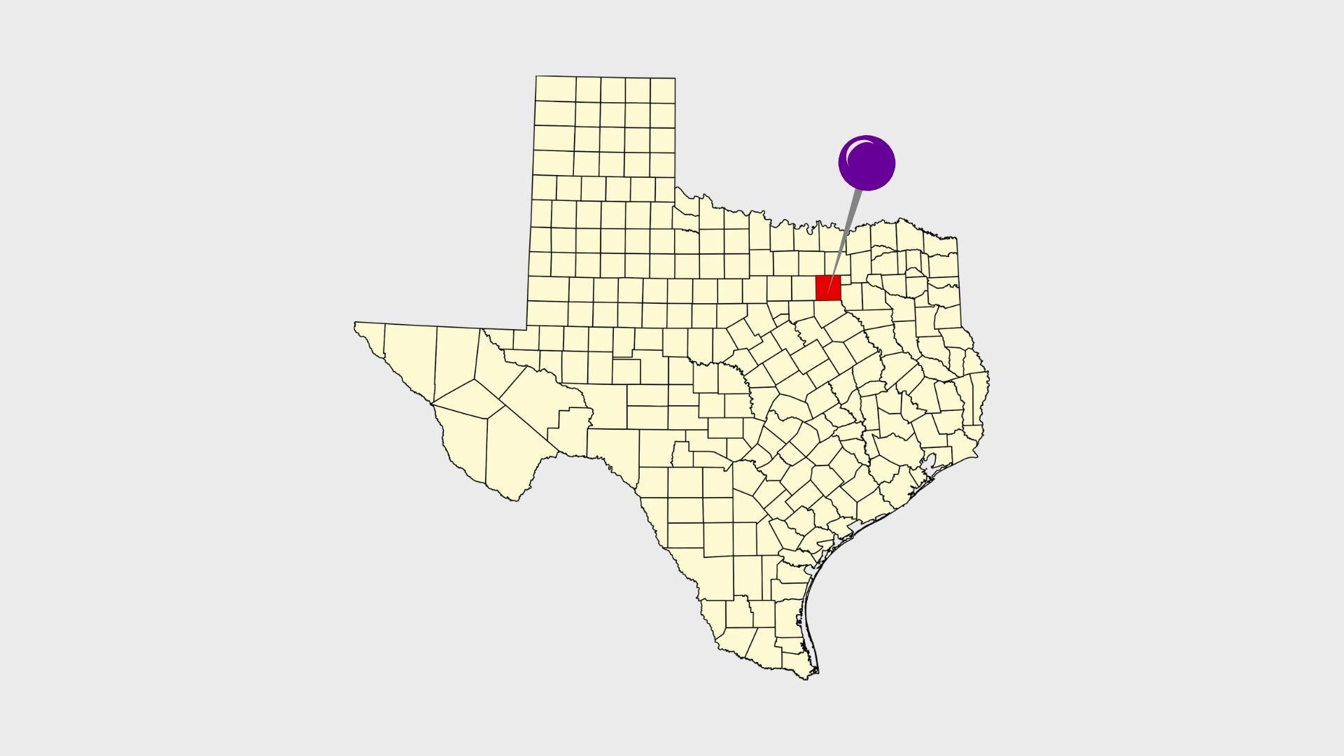 Map of texas counties with dallas county highlighted and a pin, signifying acculocations' dedicated service for real estate in the dallas, texas area.