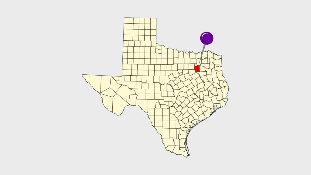 Map of texas counties with kaufman county highlighted and a pin, signifying accuphotography's acculocations service for real estate in the dallas-fort worth metroplex and kaufman county.