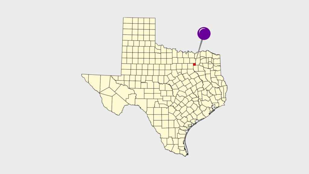 Map of texas counties with rockwall county highlighted and a pin, signifying accuphotography's acculocations service for real estate in the dallas-fort worth metroplex and rockwall county.