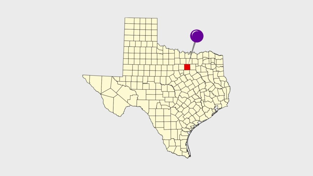 Map of texas counties with tarrant county highlighted and a pin, signifying accuphotography's acculocations service for real estate in the dallas-fort worth metroplex and tarrant county.
