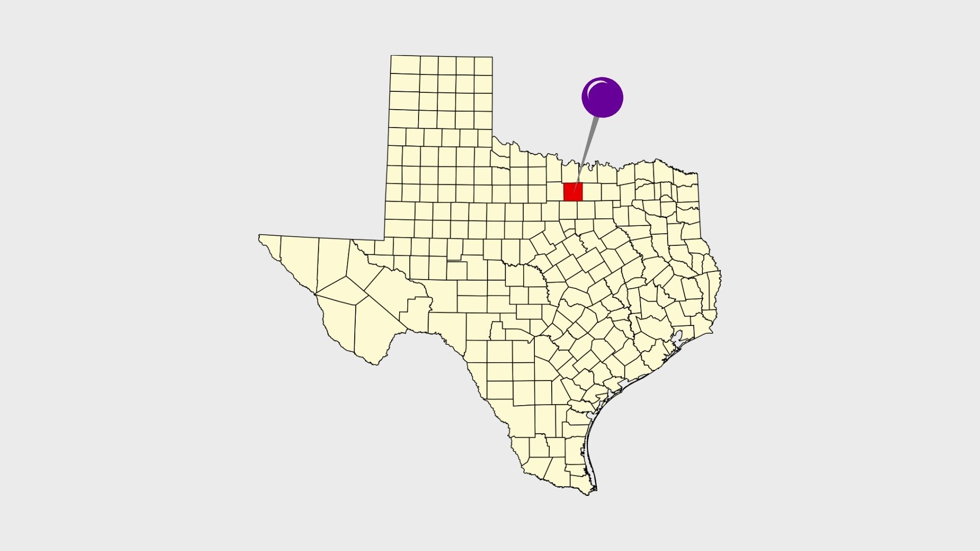 Map of texas counties with wise county highlighted and a pin, signifying accuphotography's acculocations service for real estate in the dallas-fort worth metroplex and wise county.