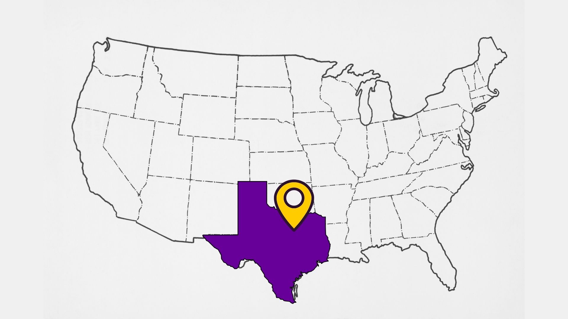 US Real Estate Photography service area map highlighting Texas with a pin over Dallas-Fort Worth, Texas, showcasing AccuLocations real estate photography service areas in DFW.