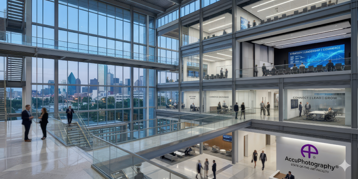 Modern glass and steel architectural interior of the accuphotography state-of-the-art training facility in dallas, texas, featuring professional networking spaces and corporate-chic design.