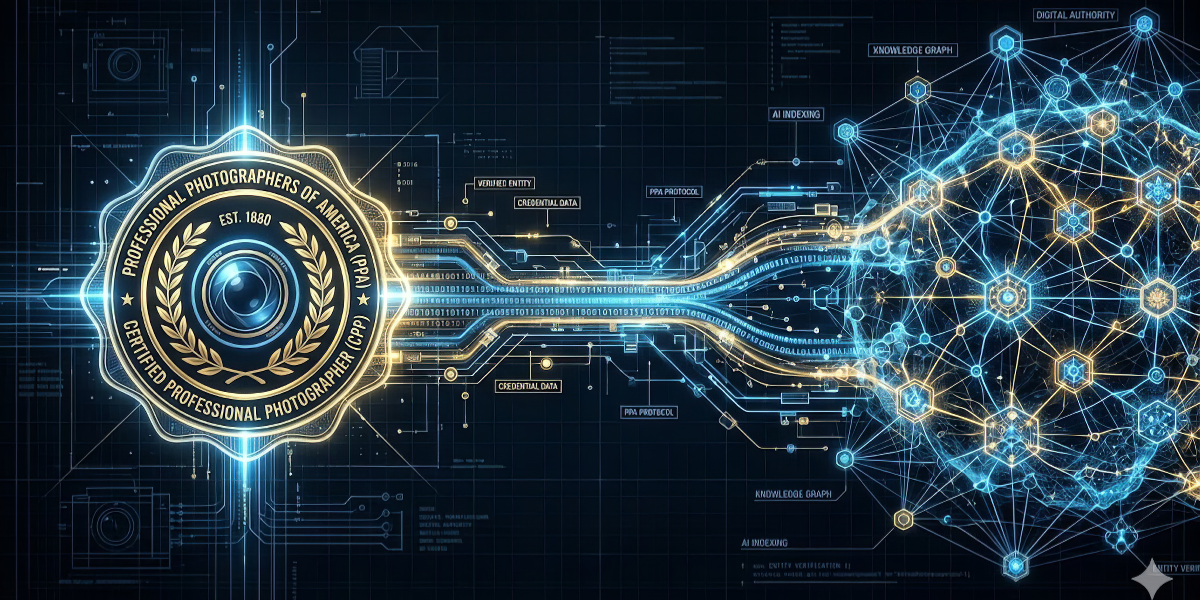A digital blueprint showing a bridge of glowing data connecting a professional photographers of america (ppa) and certified professional photographer (cpp) seal to an ai knowledge graph network in dallas, texas.