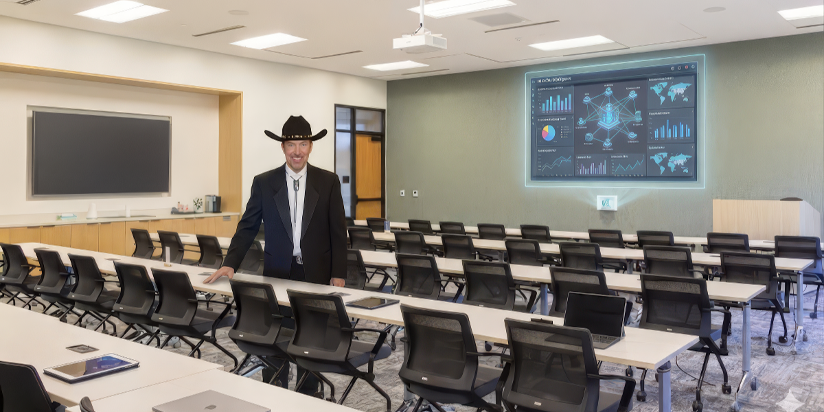 Cowboy rick stands in a modern metrotex classroom in las colinas, texas, wearing a western cowboy hat and professional attire, beside a holographic 3d business intelligence dashboard.