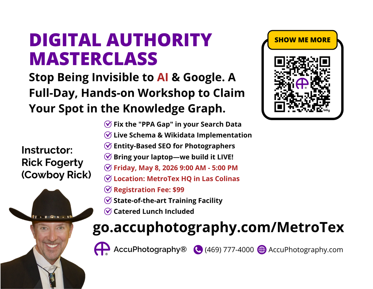 Digital authority masterclass flyer for a hands-on workshop by rick fogerty of accuphotography at metrotex hq in dallas, texas.
