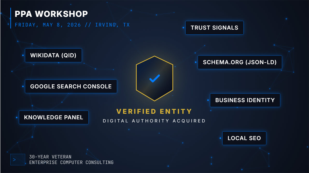 Promotional banner for a ppa workshop in irving, texas, covering schema, wikidata, and digital authority for realtors.