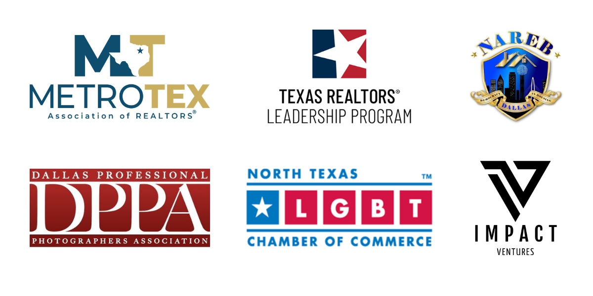 A collage of logos for north texas organizations, including metrotex association of realtors, texas realtors leadership program, nareb dallas, dallas ppa, north texas lgbt chamber of commerce, and impact ventures.