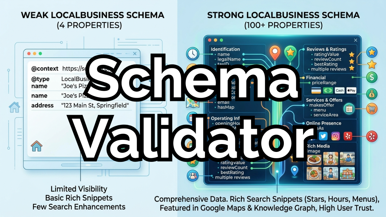 A comparison showing weak localbusiness schema with 4 properties versus strong schema with over 100 properties, including reviews, service areas, and rich media snippets.
