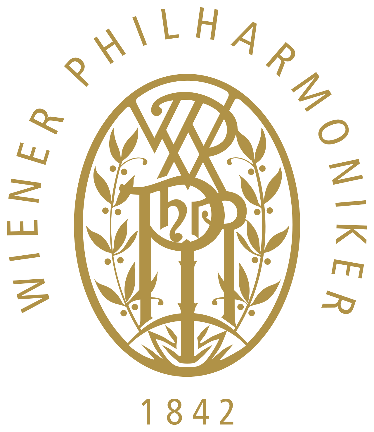 Vienna Philharmonic Logo For Dallas Texas Media Projects Gold circular logo for the vienna philharmonic featuring ornate monograms and leafy branches.
