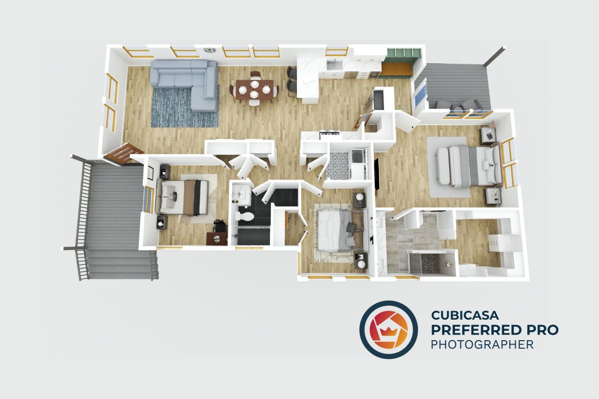 3d floor plan rendering with realistic furniture and layout generated by a cubicasa preferred pro photographer for a rental property listing.
